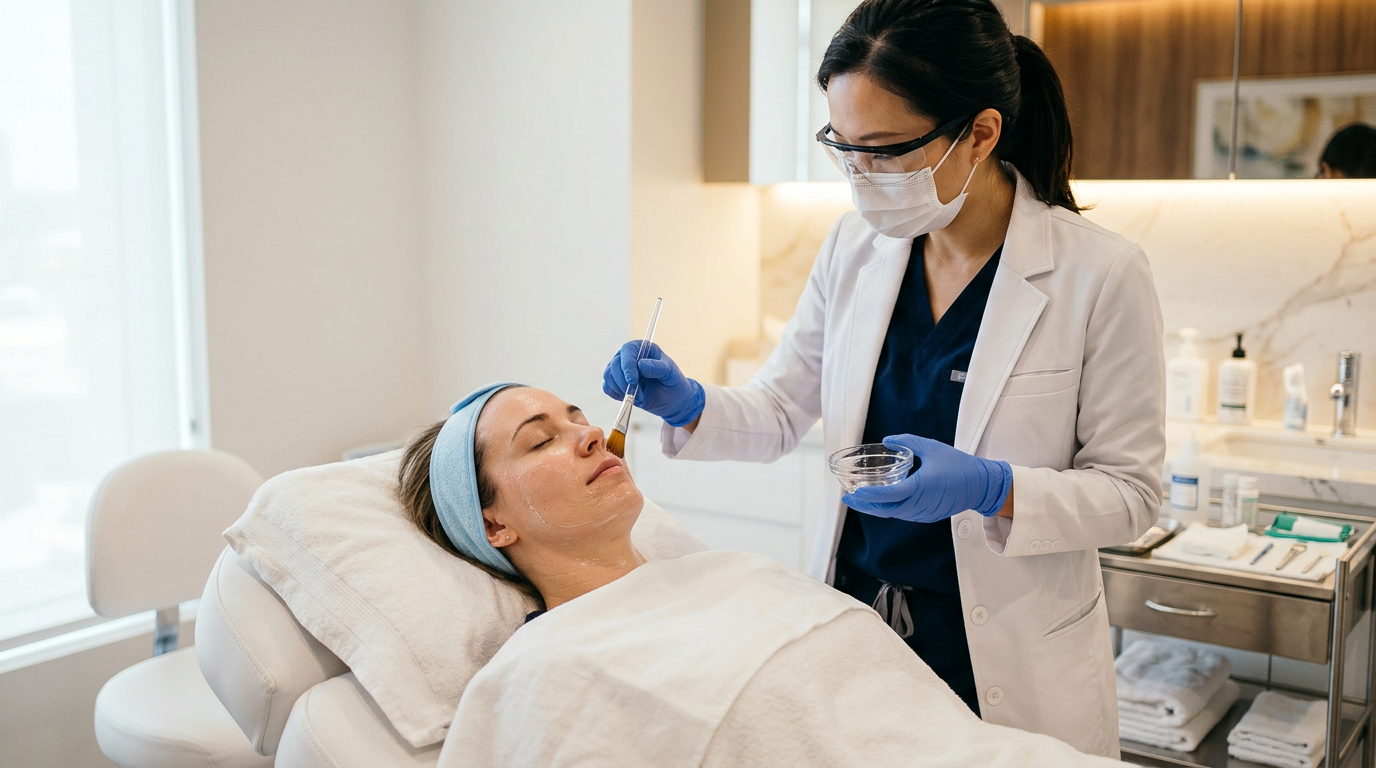 Dermatologista aplicando peeling químico no rosto de paciente em consultório