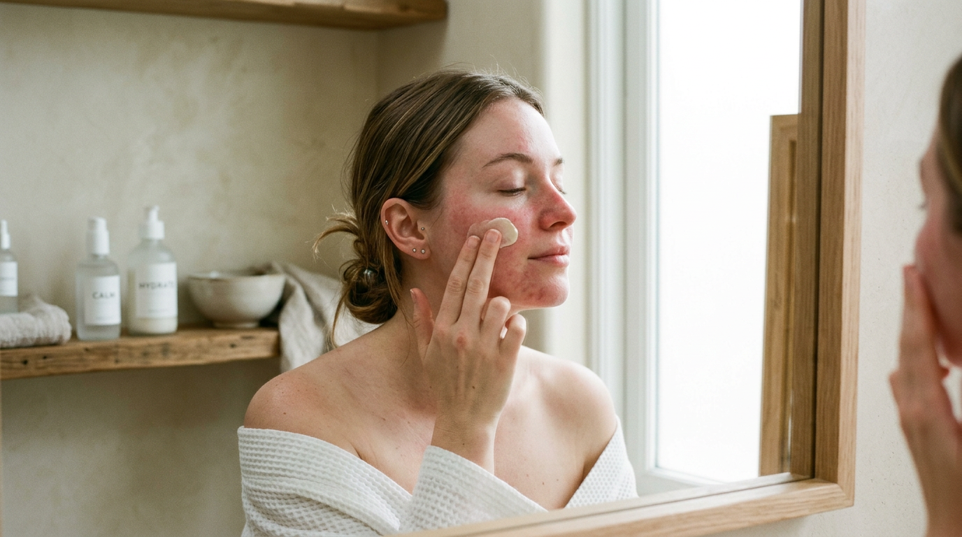 Mulher aplicando hidratante suave no rosto com cuidado em ambiente iluminado