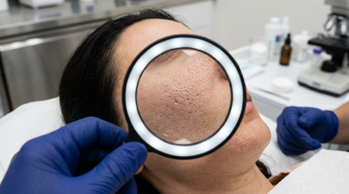 Close-up de pele facial sendo avaliada com lupa dermatológica para tratamento de poros