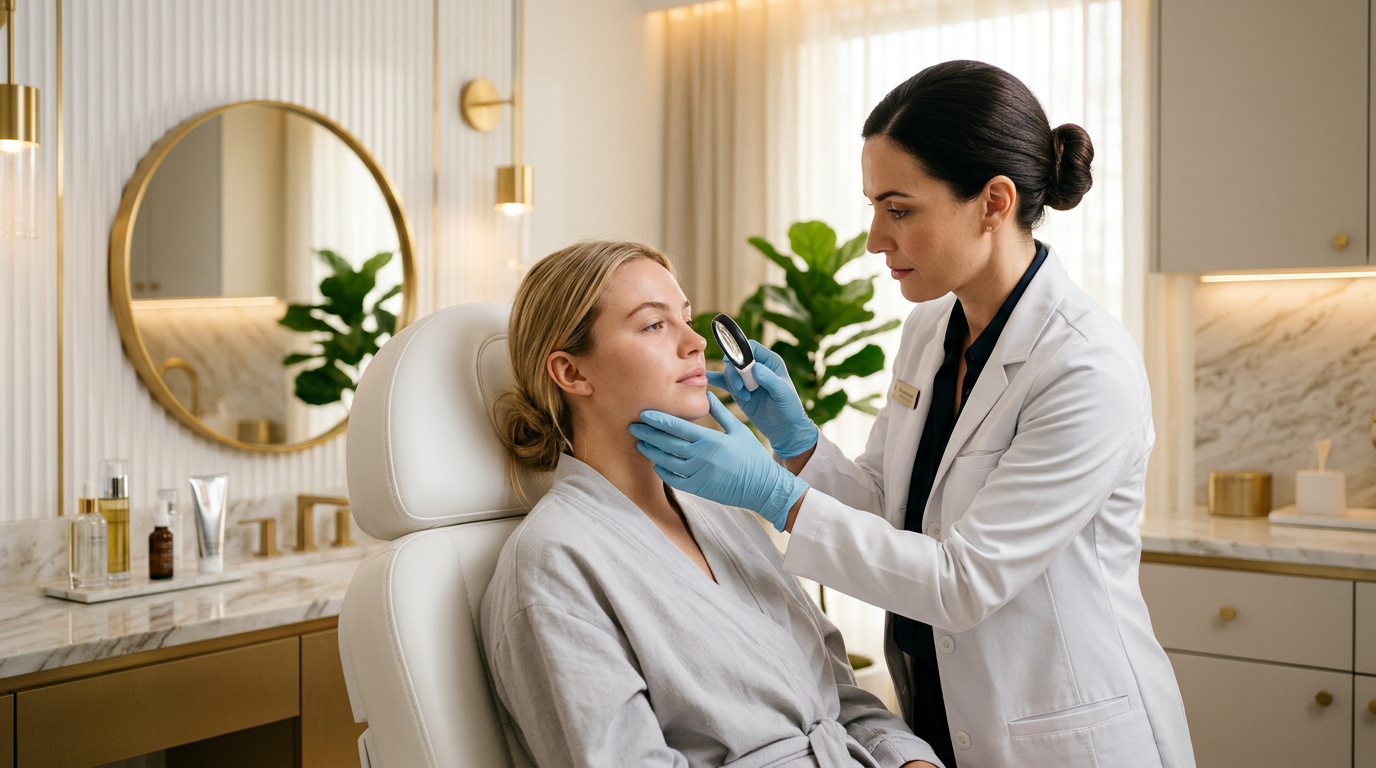 Dermatologista realizando avaliação facial em paciente para procedimento de preenchimento labial