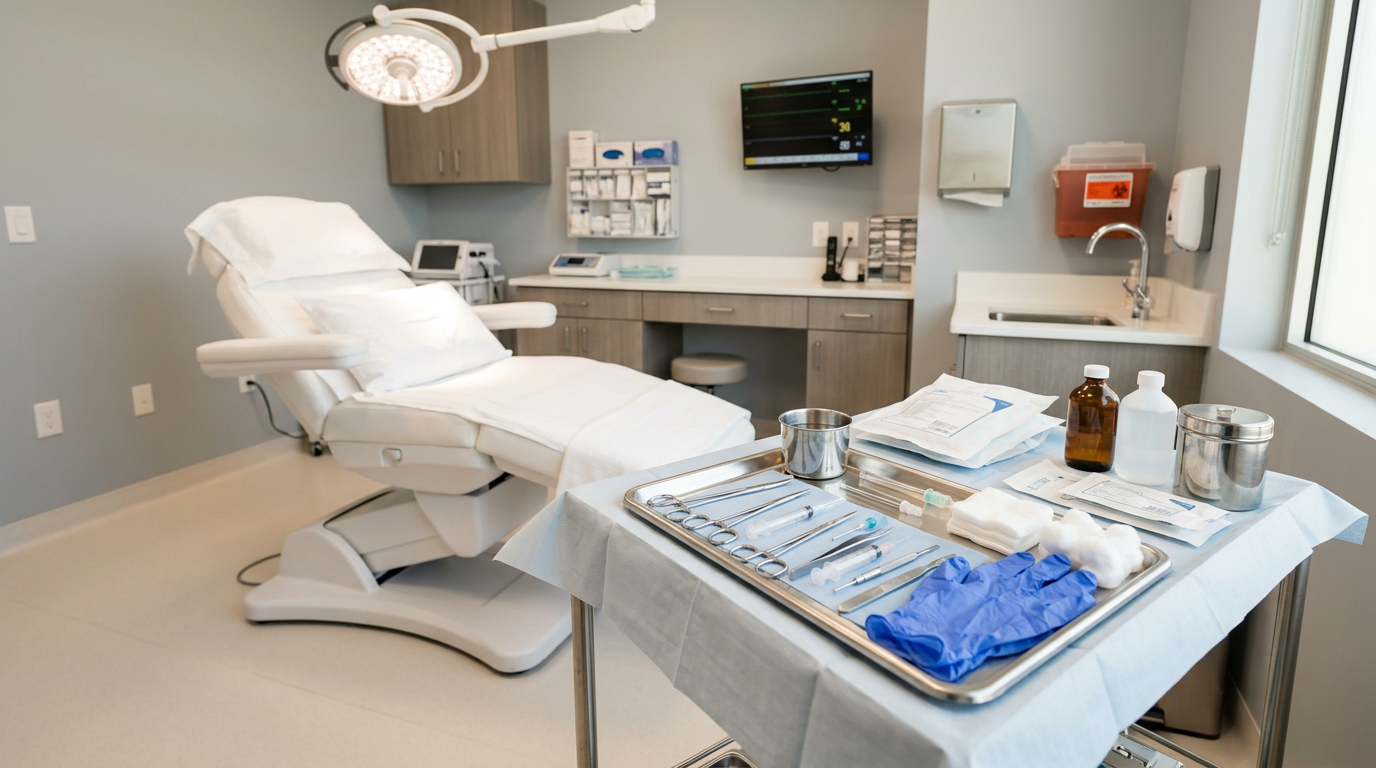 Equipe médica em clínica dermatológica preparando procedimento estético com segurança