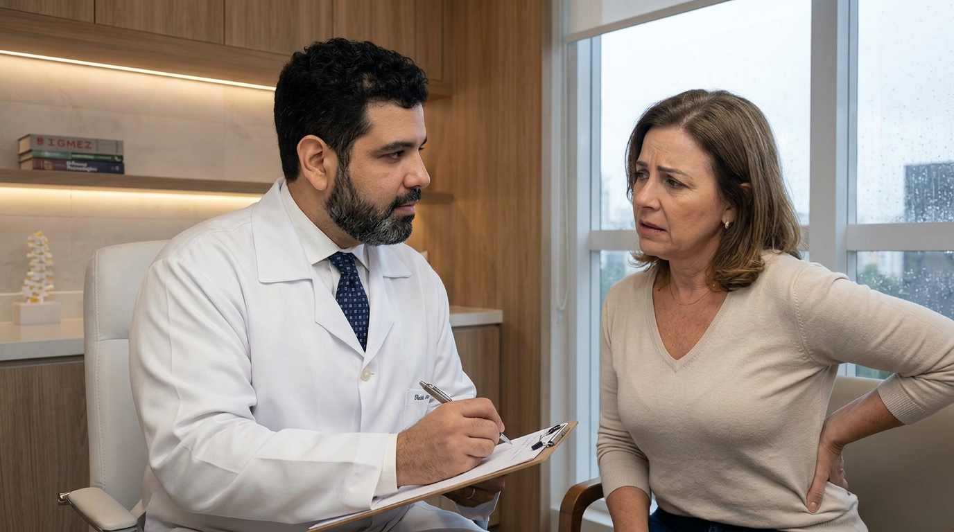 Paciente descrevendo dor persistente para especialista em consulta