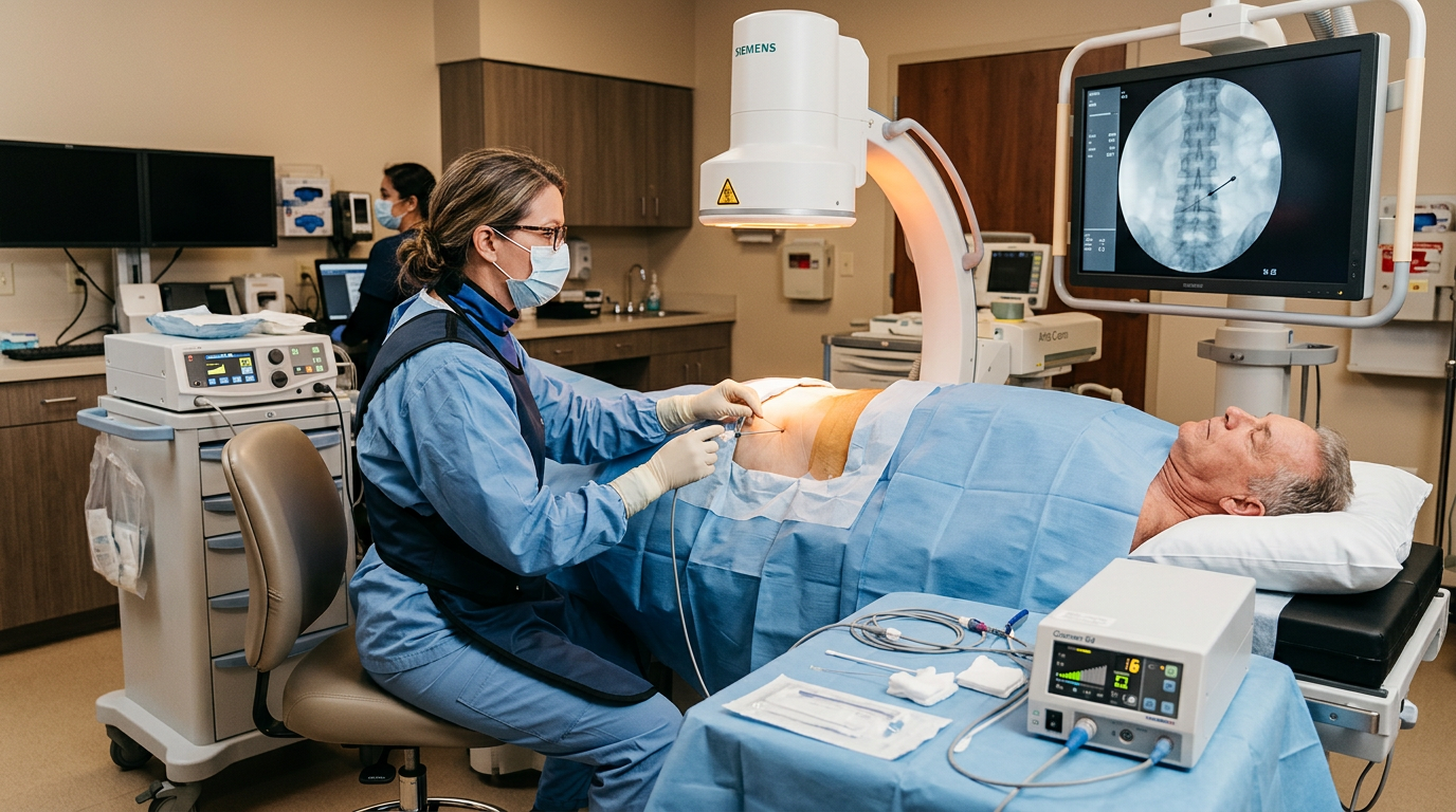 Médico realizando procedimento de radiofrequência guiado por imagem para tratamento de dor