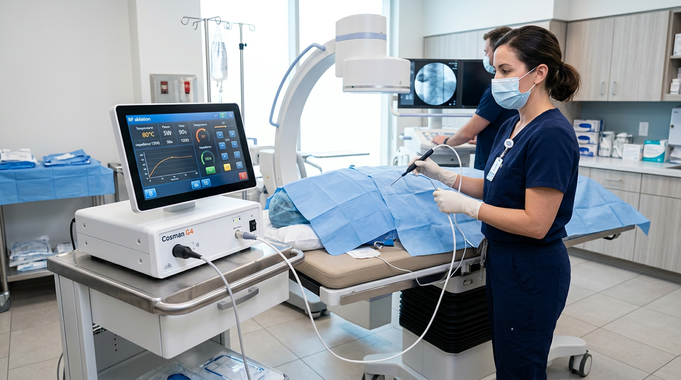 Equipamento de radiofrequência em sala de procedimentos de medicina da dor
