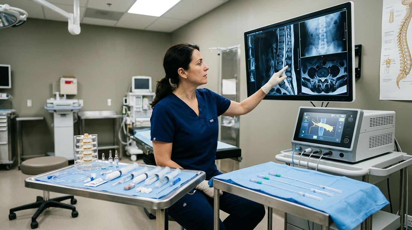 Médico avaliando exames de imagem para definir procedimento de dor crônica