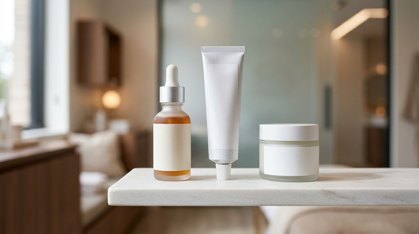 Produtos dermatológicos com retinol sobre bancada de consultório médico