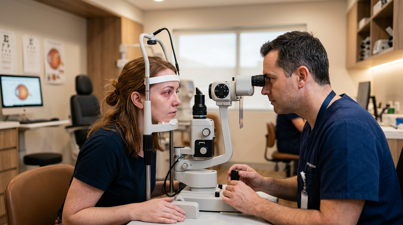 Paciente em consulta oftalmológica para avaliação de rosácea ocular