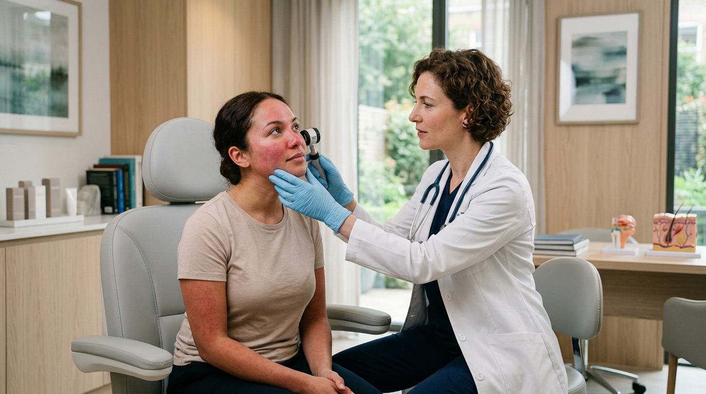 Paciente em consulta dermatológica para avaliação de vermelhidão facial