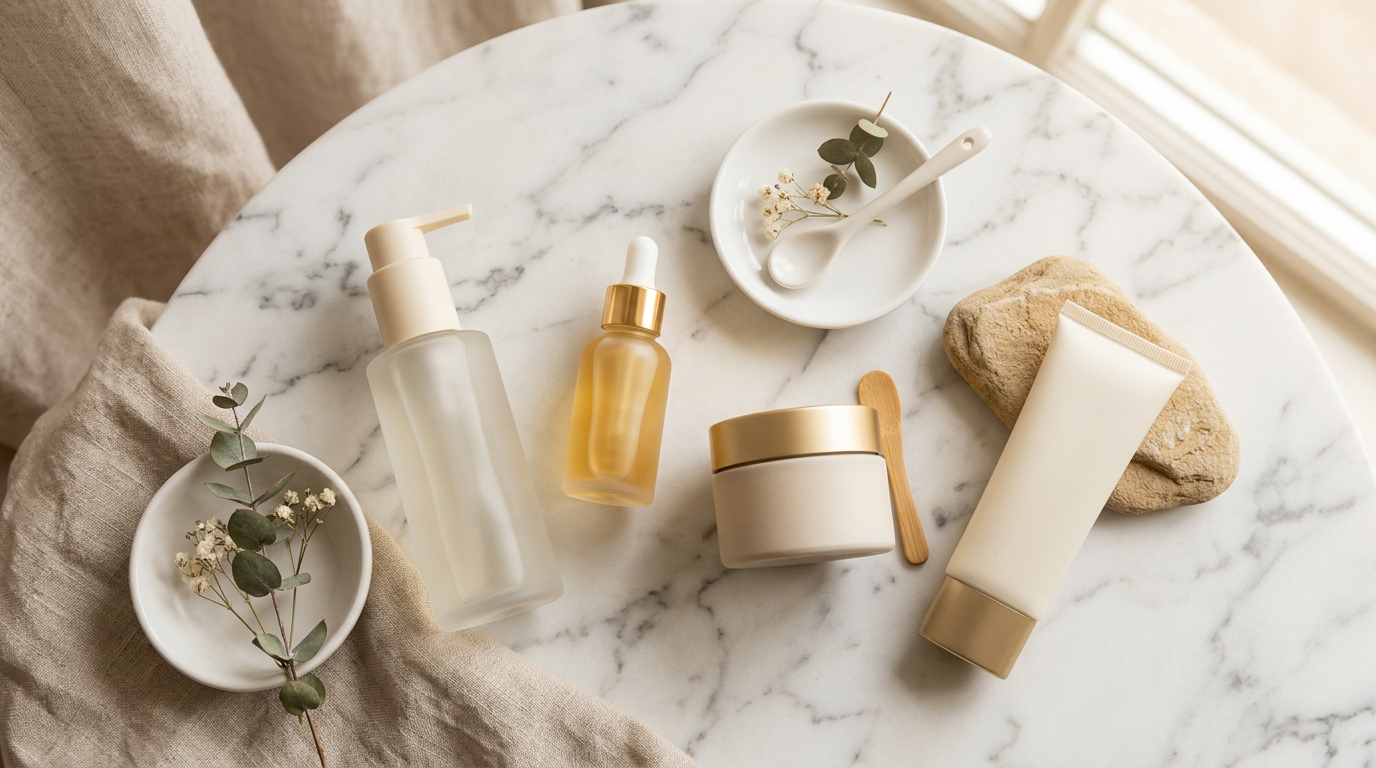 Produtos de skincare organizados em bancada de consultório dermatológico com iluminação suave