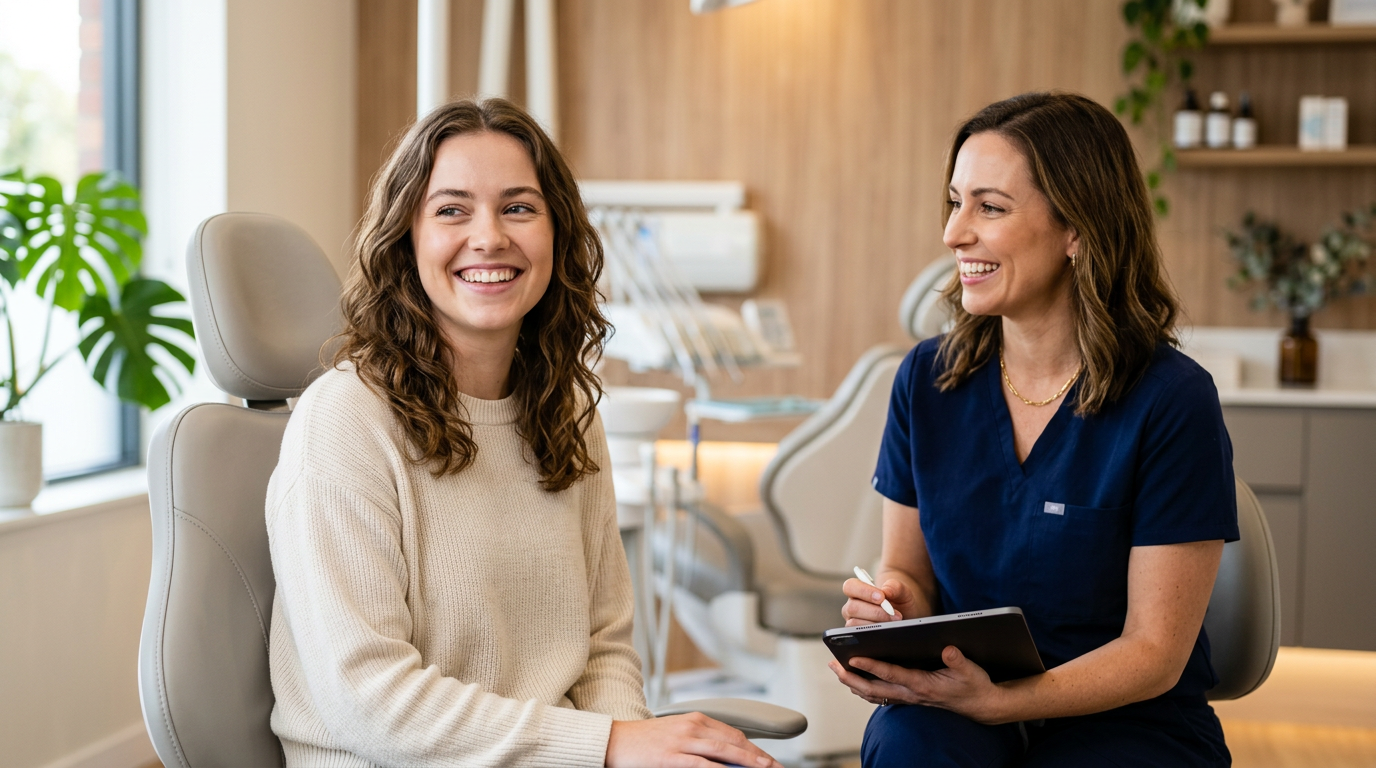 Paciente sorrindo naturalmente após avaliação para tratamento de sorriso gengival