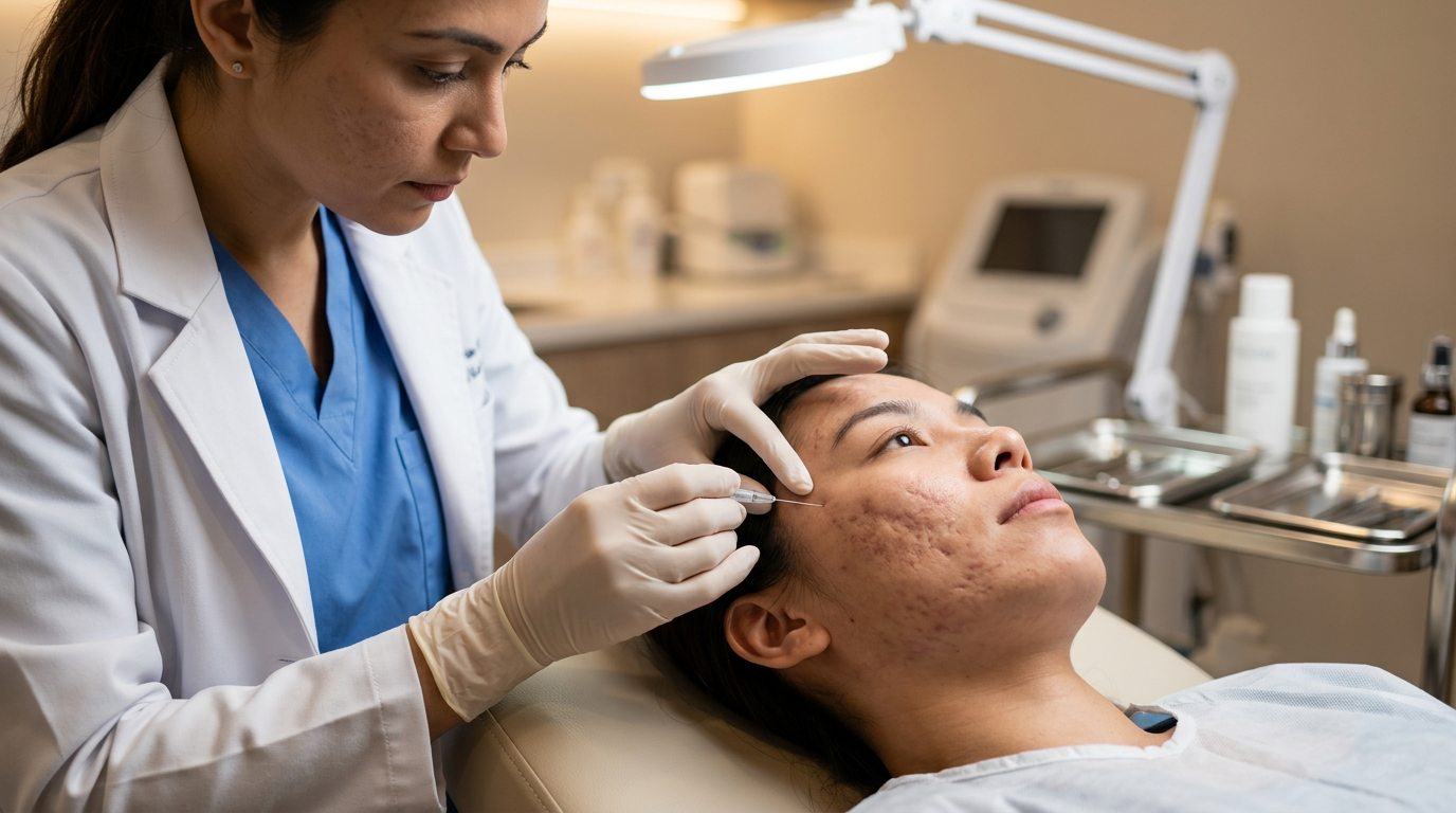Dermatologista avaliando cicatrizes de acne em paciente para procedimento de subcisão