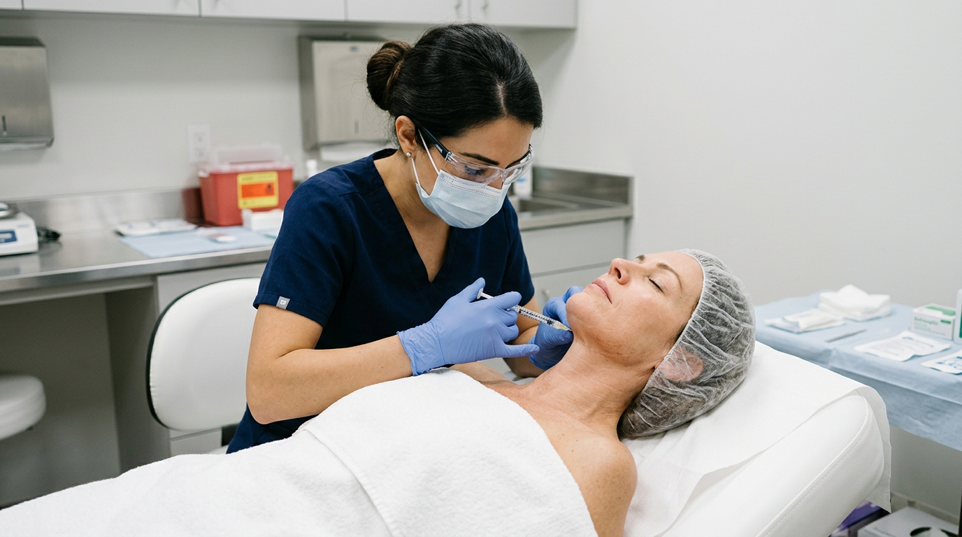 Perfil de paciente mostrando região do pescoço e mandíbula em consultório dermatológico