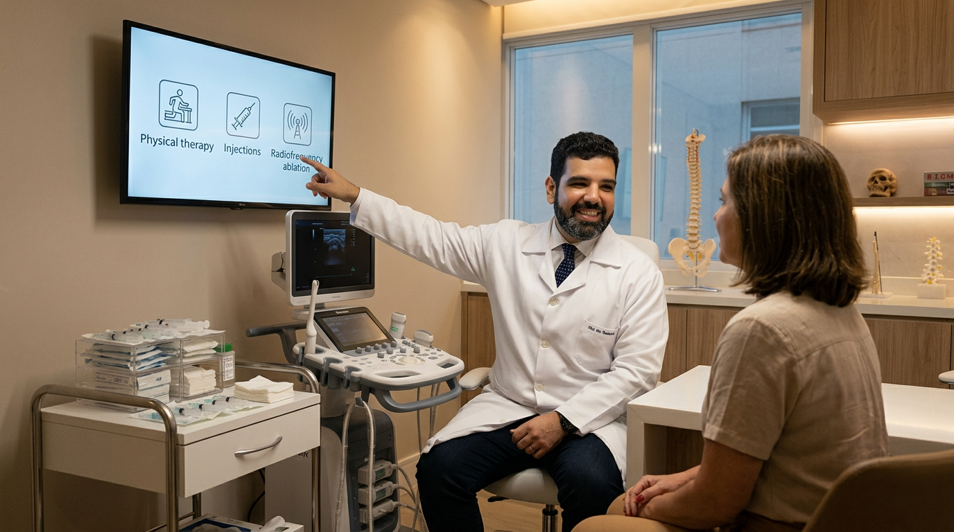 Especialista em medicina da dor realizando avaliação de paciente com dor crônica