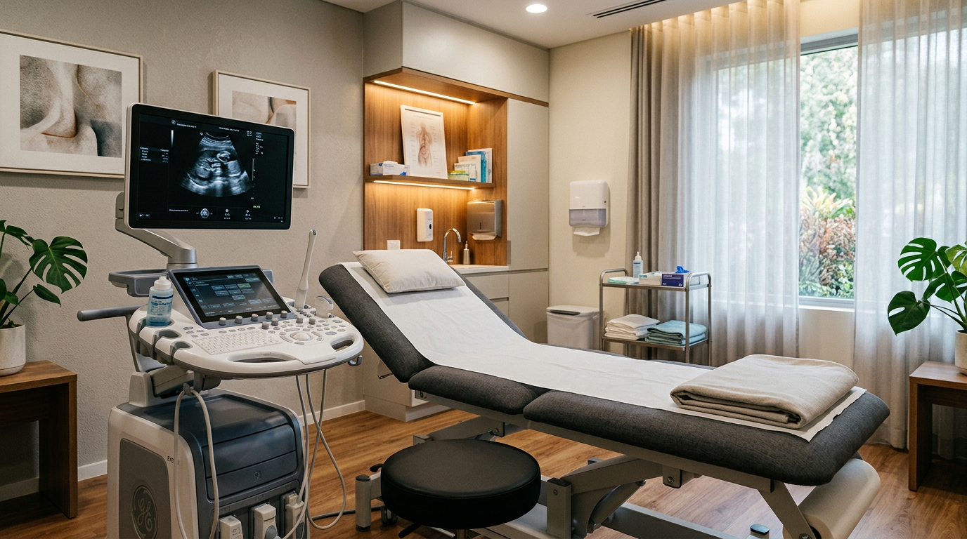 Exame de ultrassonografia realizado em sala clara e sofisticada