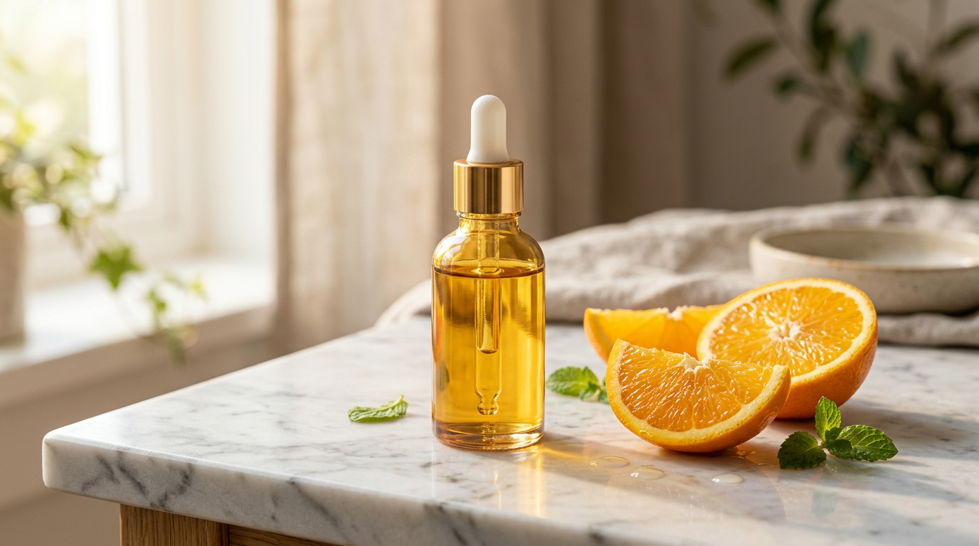 Sérum de vitamina C em frasco âmbar sobre bancada de consultório dermatológico