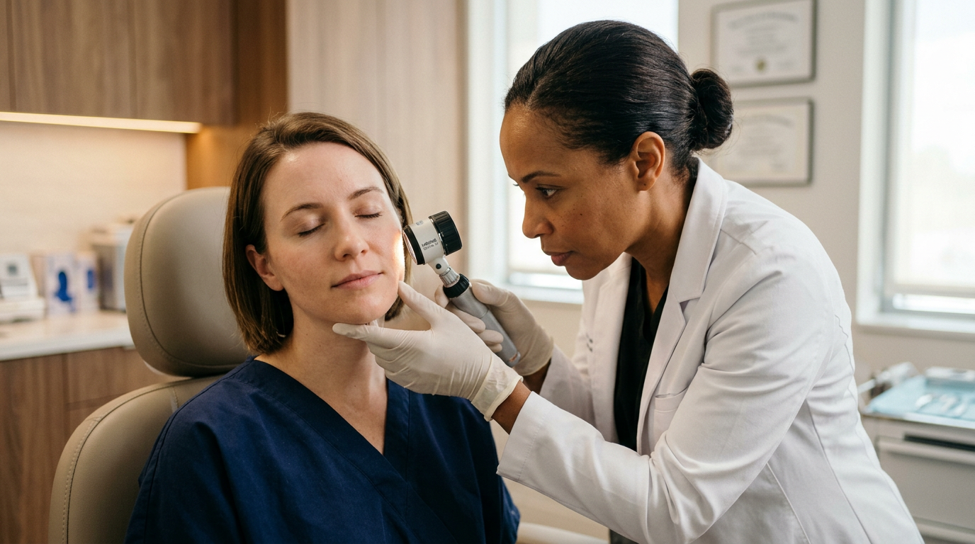 Dermatologista avaliando paciente com rosácea na AVA Clínica em Fortaleza